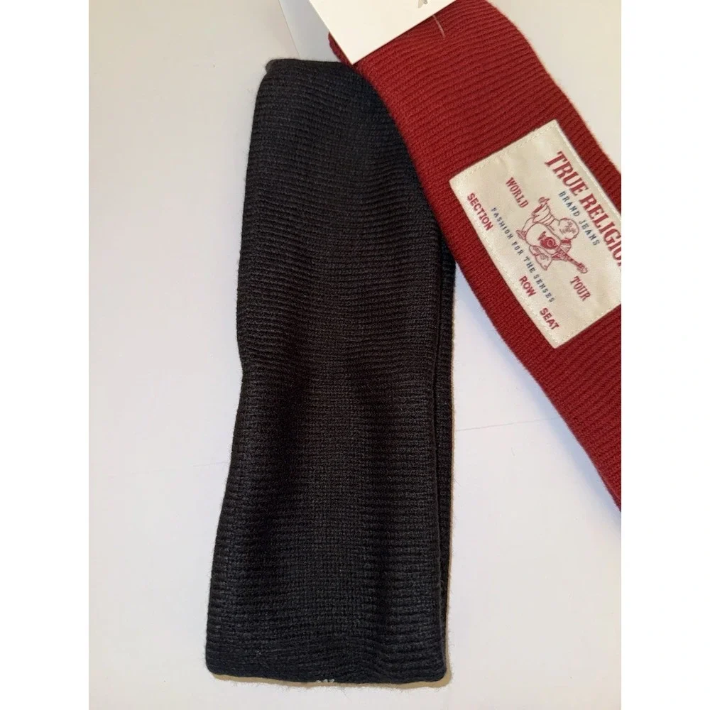 True Religion Unisex Headwrap 2pc Set Black Red Knit Stretch Logo NEW